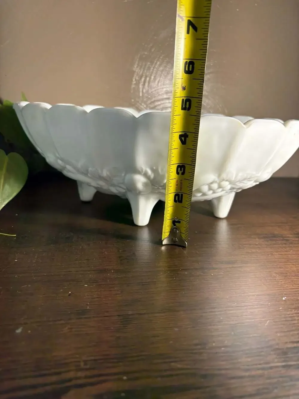 Vintage Milk Glass Pedestal Bowl Octagonal Scalloped Rim Grape Leaf Fruit Design